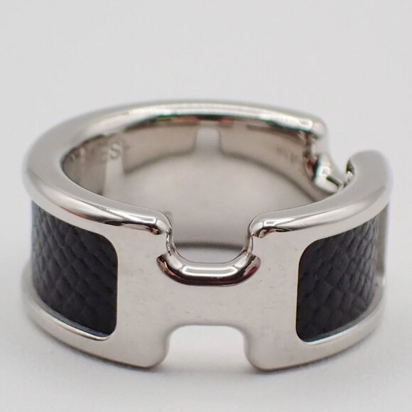 HERMES Olympe Ring XS Palladium Plated Calf Skin Leather Black Silver - Picture 6 of 10